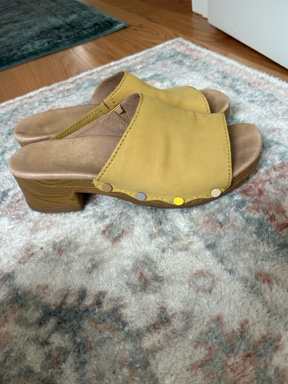 Dansko Yellow Leather Slide Clogs with Stud Details